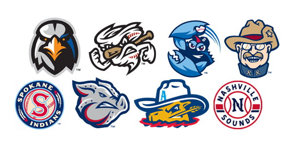 MiLB logos: The Aberdeen Ironbirds, Omaha Stormchasers, Lakewood BlueClaws, Frisco Roughriders, Spokane Indians, Lehigh Valley IronPigs, Amarillo Sod Poodles and Nashville Sounds.